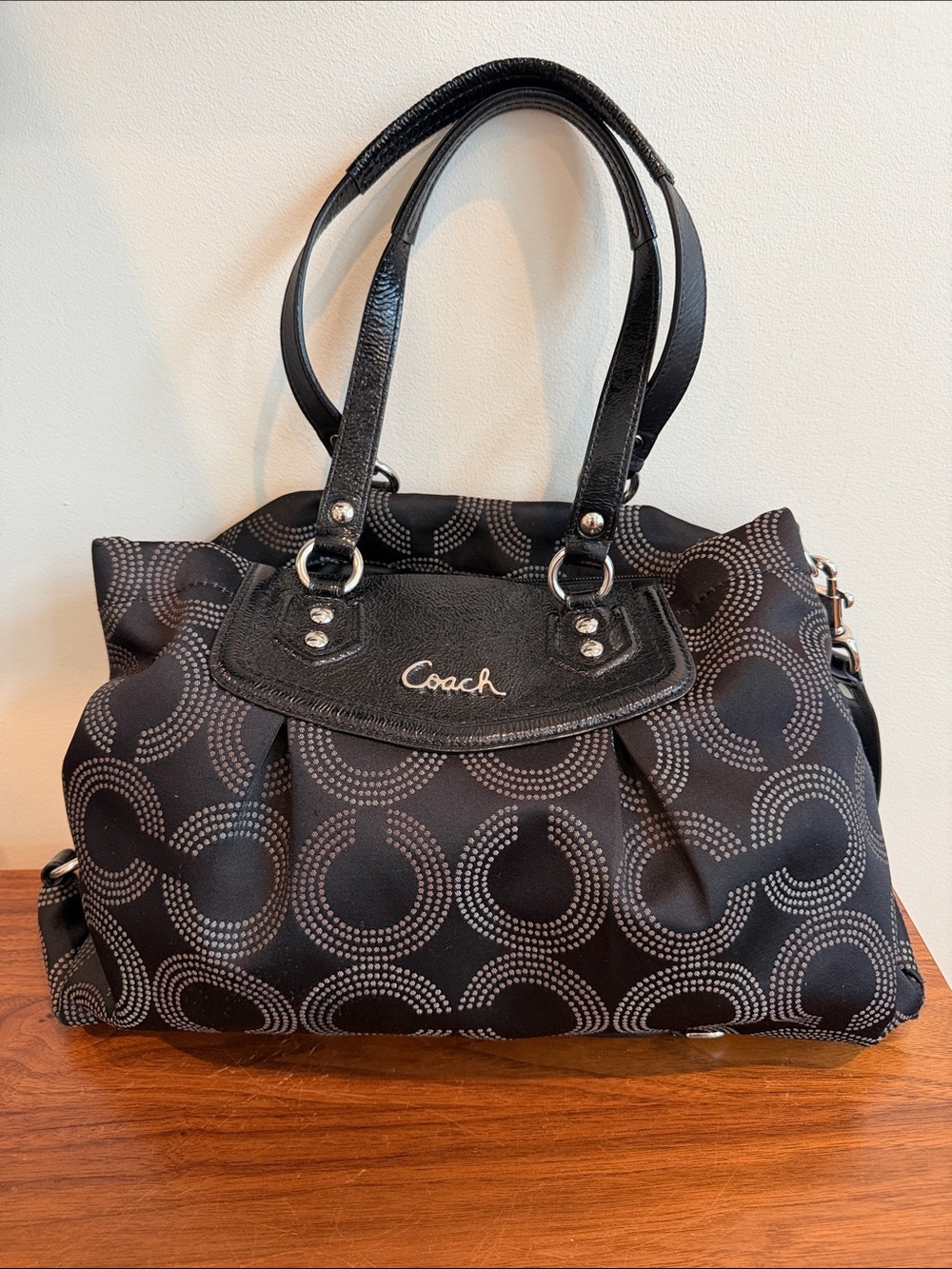 Coach F20049 Ashley Dotted Black OpArt Shoulder Bag w/ Patent Leather Trim